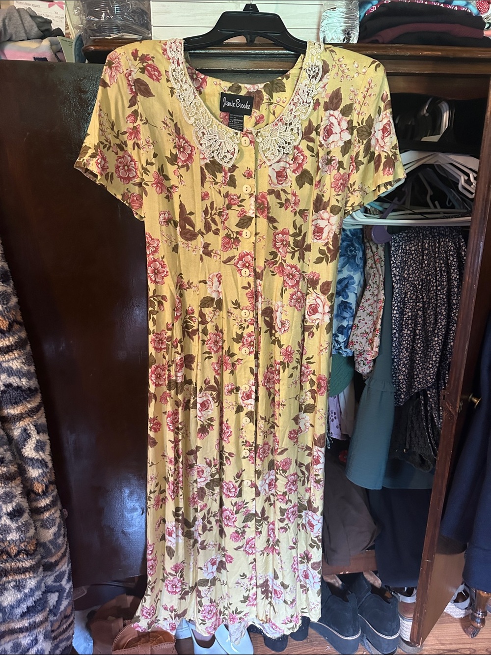Vintage 1980s Lace-Collar Yellow Floral Maxi Dress by Jamie Brooke